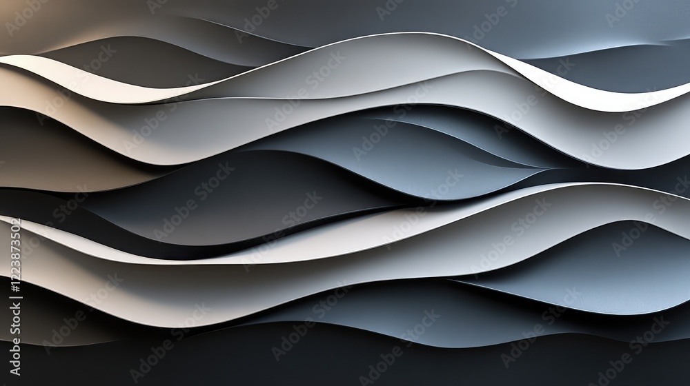 Poster a complex interplay of dark and light gray waves, creating a monochromatic abstract pattern with a s