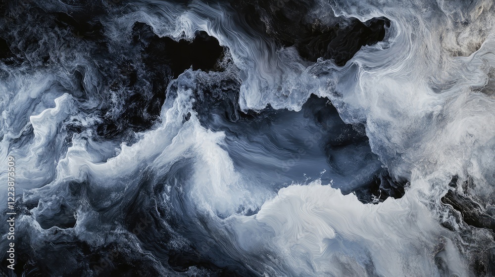 Poster a complex interplay of dark and light gray waves, creating a monochromatic abstract pattern with a s
