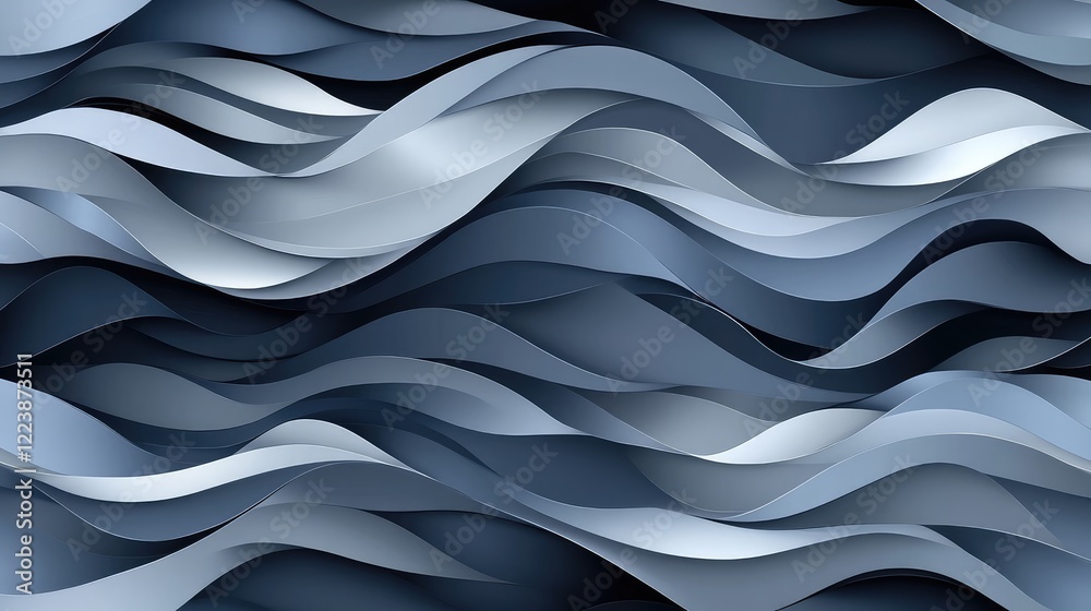 Poster a complex interplay of dark and light gray waves, creating a monochromatic abstract pattern with a s