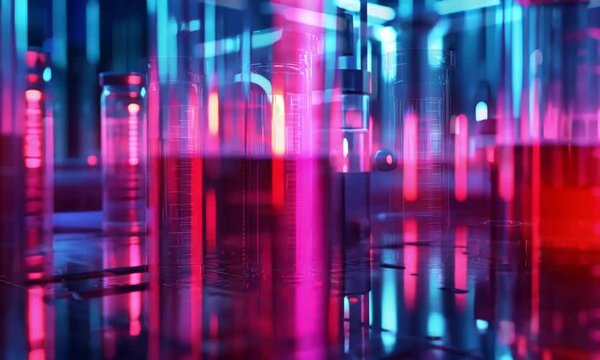 Pink and Blue Neon Lit Test Tubes in a Modern Laboratory Setting