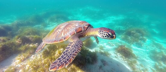 Fototapeta premium Sea turtle swimming in clear ocean water over sandy bottom with seaweed.
