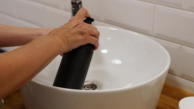 Woman washing hands with liquid soap, ensuring proper hygiene. Regular hand hygiene is essential for health and cleanliness. Ideal for themes of self-care, hygiene routines, and healthy living.