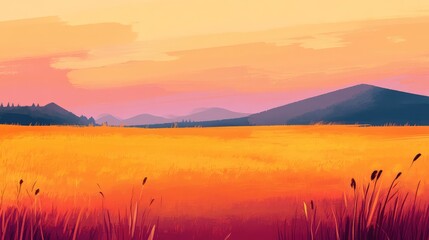 A golden meadow at twilight, with a vibrant sunset casting warm colors over the landscape and gentle hills in the distance.