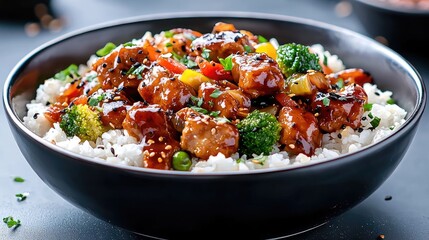 Delicious teriyaki chicken and vegetable bowl with rice.  Perfect for a healthy meal