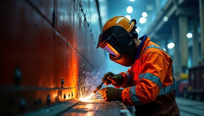 Industrial worker welds steel plates on large ship hull. Safety gear like helmet, protective clothing highlight intense construction process. Sparks fly in close-up view of shipbuilding scene.