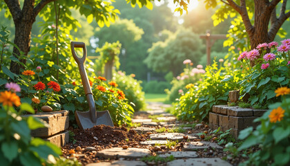 Flower garden path with shovel at sunrise, cultivating beauty