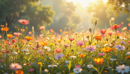 Vibrant wildflower field at sunrise, nature's beauty