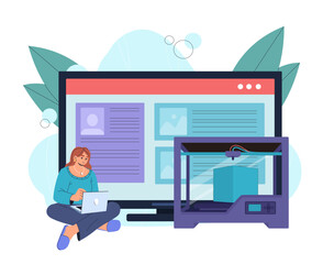 A woman using a laptop sits near a 3D printer, with a large screen and leaves in the background. Concept of technology, design, and innovation. Vector illustration