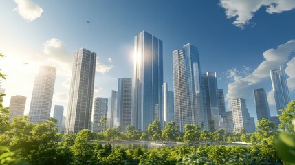Obraz premium A modern architectural landscape featuring sleek skyscrapers with glass facades reflecting the sky, surrounded by greenery and open plazas.