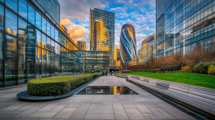 Fototapeta premium A modern architectural landscape featuring sleek skyscrapers with glass facades reflecting the sky, surrounded by greenery and open plazas.