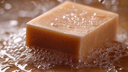 Naklejka premium A bar of soap sits in soapy water, glistening.
