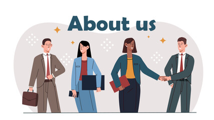 Illustration of diverse business professionals in formal attire, shaking hands and holding documents. Neutral background with decorative elements. Concept of teamwork. Vector illustration