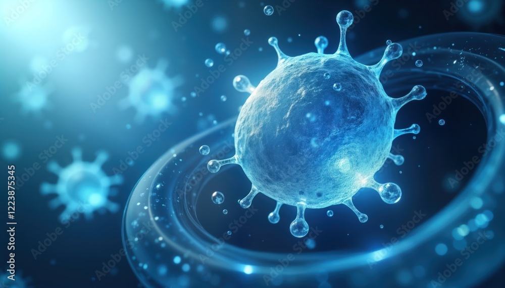 Poster Digital illustration shows cellular structures with precise details. Stem cells visualized in scientific tech visual. Blue, white colors make image precise. Image shows cell chemistry. Used in