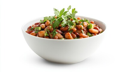 Baked beans with a smoky flavor, served in a white bowl, isolated,