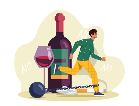 Illustration of a man breaking free from a ball and chain attached to a wine bottle and glass, symbolizing overcoming alcohol addiction. Concept of freedom. Vector illustration. - Powered by Adobe