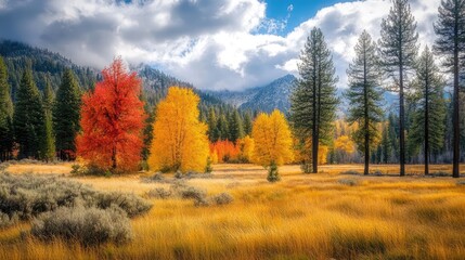 Fototapeta premium A picturesque autumn meadow surrounded by colorful trees, with golden grasses swaying gently in the breeze under a partly cloudy sky.
