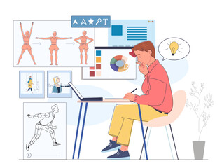 An artist at a desk sketching on a digital tablet, surrounded by design elements, anatomy references, and creative tools on a white backdrop. Concept of creativity. Vector illustration.