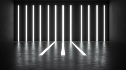 Obraz premium Modern Dark Room Interior with Bright Neon Vertical Lines Concrete Floor Futuristic Design