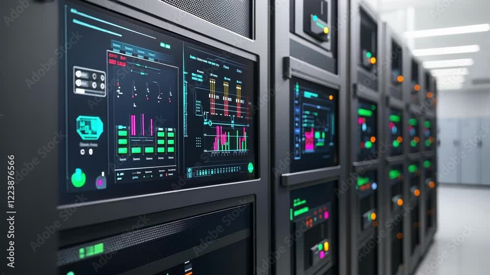 Poster server racks with glowing screens displaying processing and analyzing data in a data center, represe