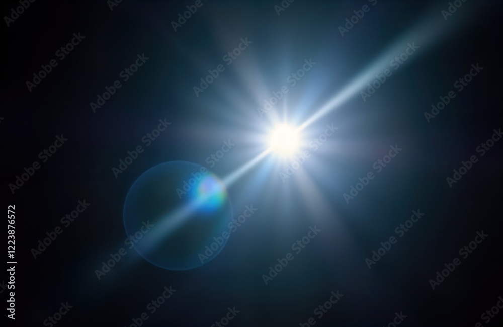 Poster bright light burst with lens flare effect. light rays, glow radiate from central point against dark 