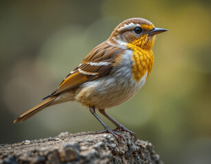 Retrato pájaro marrón blanco y amarillo posado