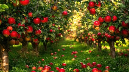 A quiet autumn orchard with rows of apple trees adorned with golden leaves and ripe fruit scattered across the ground.