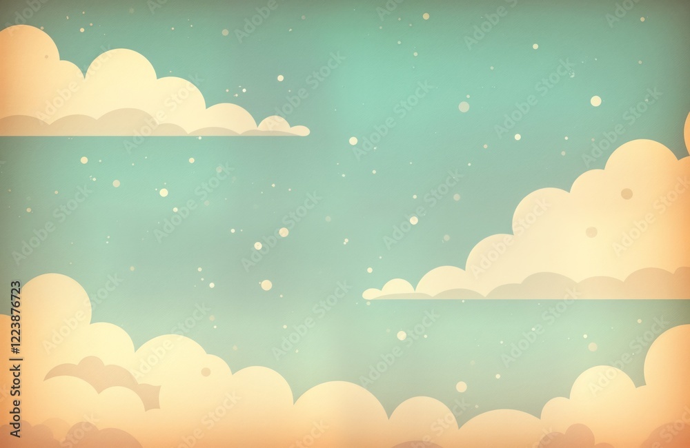 Poster retro sky pattern on old paper background. simple design with light beige clouds, light teal sky. vi
