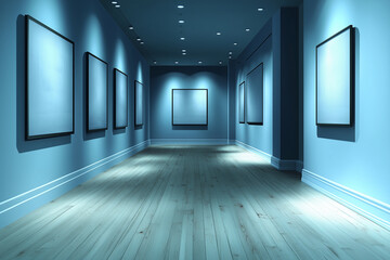 Obraz premium Art gallery interior with unoccupied frames showcasing a serene blue ambiance and polished wooden flooring