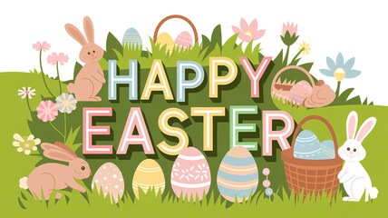 Happy Easter with Bunnies and Colorful Eggs in Basket Surrounded by Green Grass and Flowers