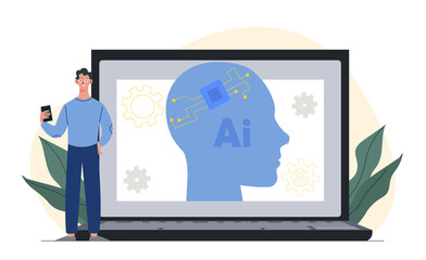 Illustration of a man holding a smartphone near a laptop screen showing AI elements, circuits, and gears. Modern AI technology concept. Vector illustration