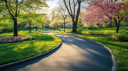Fototapeta premium A running track in a scenic park surrounded by vibrant trees and blooming flowers, with the morning sun casting long shadows across the path.