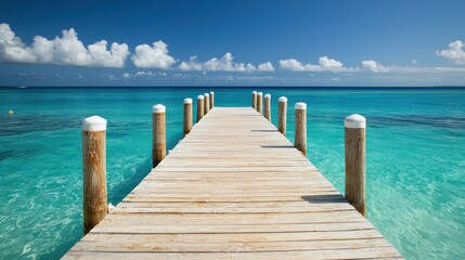 Fototapeta premium Serene Wooden Dock Extending into Turquoise Ocean Paradise