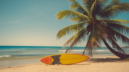 Retro Surfboard and Palm Tree on Summer Beach with Vintage Color