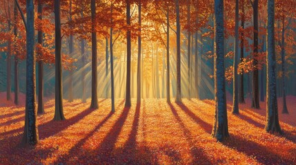 Fototapeta premium A scenic autumn sunrise over a forest, with golden light illuminating the vibrant foliage and casting long shadows on the ground.