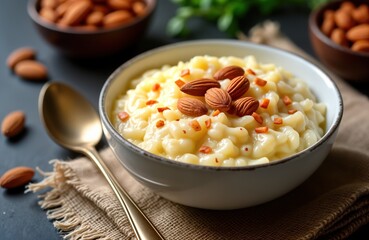 Close-up of Indian rice pudding. Creamy rice dish topped with almonds, spices. Sweet dessert in white bowl. Traditional Indian food. Perfect for breakfast dessert. Light, healthy food option.