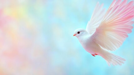 Obraz premium White dove flying gracefully with open wings against a soft pastel sky background.