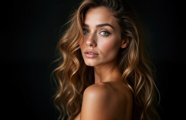 Fototapeta premium Studio portrait of beautiful woman with long curly blonde hair against black background. Woman posing with elegance. Gorgeous features highlighted by pro makeup. Sensual expression, perfect skin