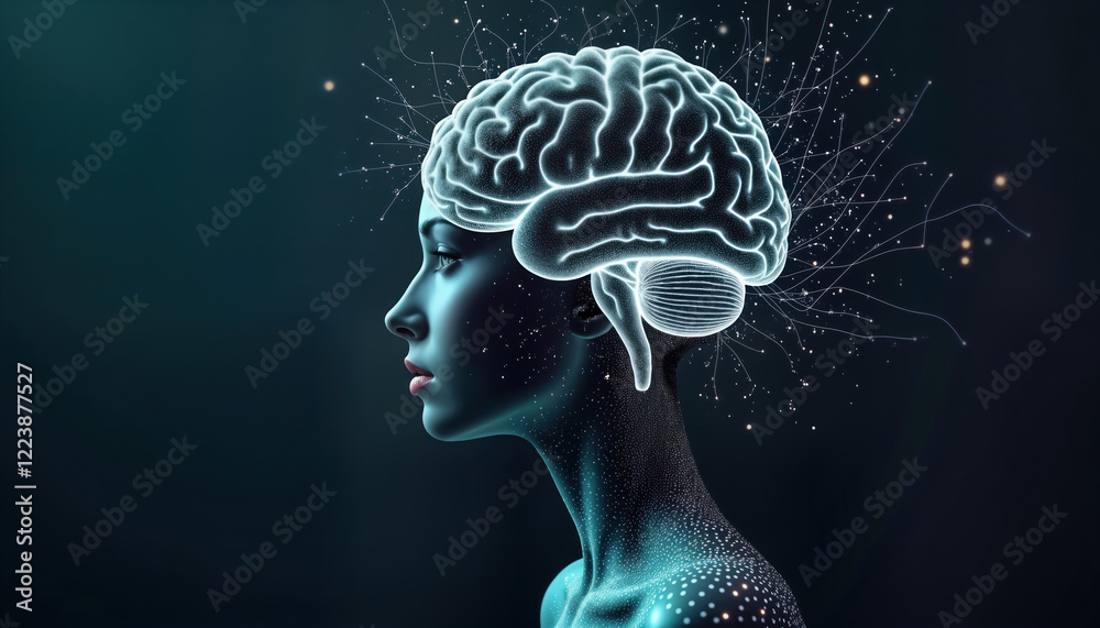 Poster woman profile futuristic view with glowing brain model. female profile shows neural connections. vis