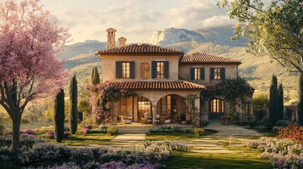 Fototapeta premium A serene architectural setting featuring a traditional Mediterranean villa surrounded by olive trees and blooming flowers.