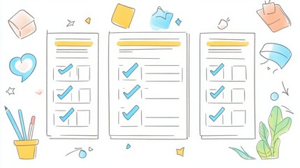 Three completed checklists with cheerful doodles.