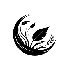 Fototapeta premium Elegant Black and White Floral Circle Design: Botanical Nature Illustration, Minimalist Plant Leaves Pattern, Abstract Vector Graphic