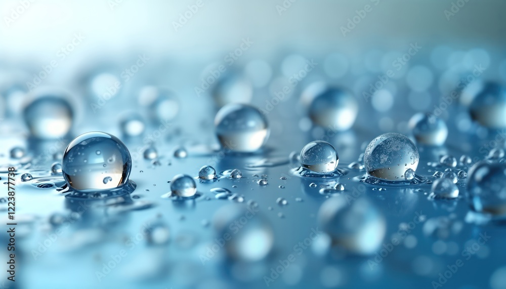 Poster closeup view of water droplets on blue surface. round transparent droplets create beautiful pattern.