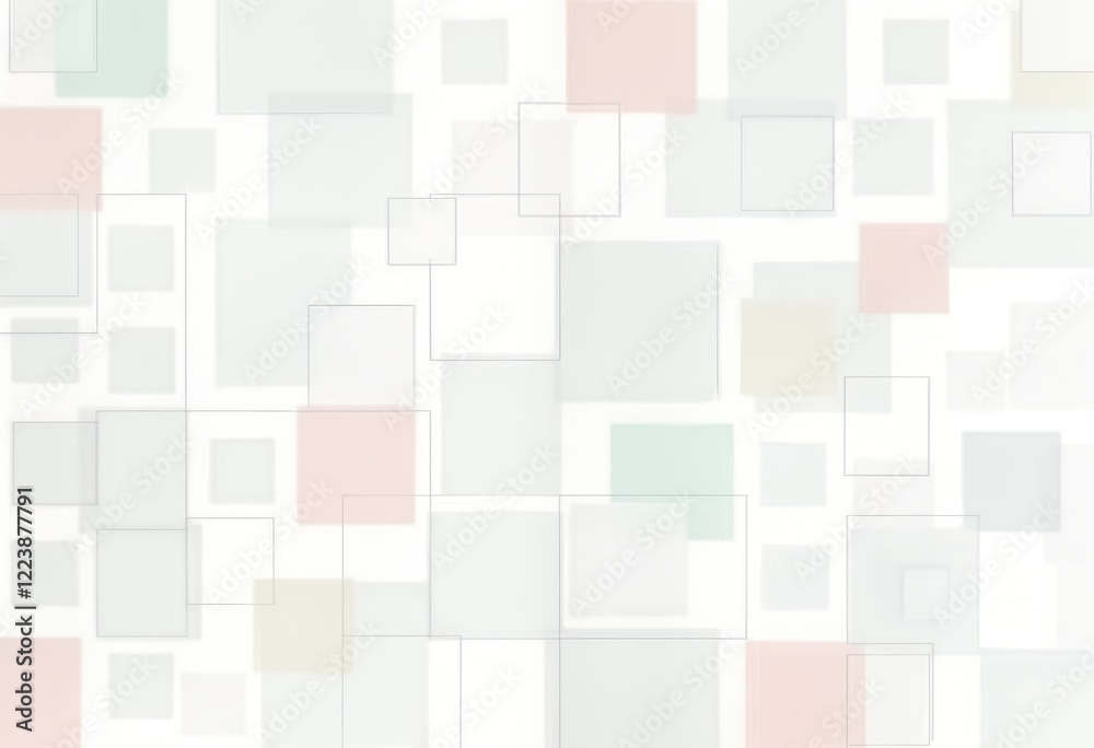 Poster Abstract design featuring large, small squares. Layered shapes create textured background. Various colors like light beige, pale pinks, muted greens overlay squares on white backdrop. Stylish pattern