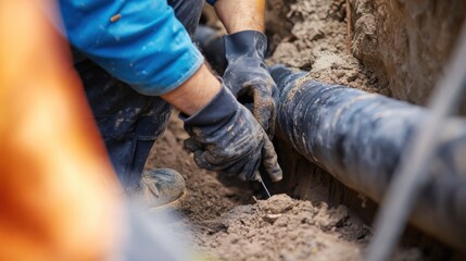 A close-up shot of a plumber repairing underground pipes in a municipal water treatment plant, Municipal water treatment pipe repair scene, Practical and precise style