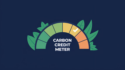 Fototapeta premium Carbon Credit Meter Showing Good Performance with Check Mark surrounded by stylized leafs