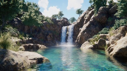 Fototapeta premium A serene waterfall in a hidden mountain valley, with water cascading over large rocks into a crystal-clear pool.