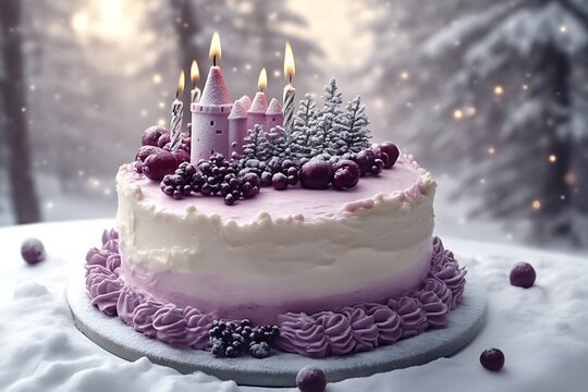 Winter wonderland cake with castle and candles.