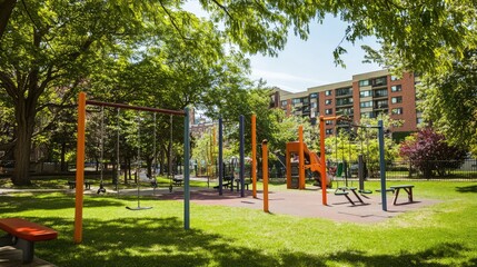 Obraz premium A small park with colorful workout equipment, including parallel bars and a pull-up station, surrounded by green grass and trees.