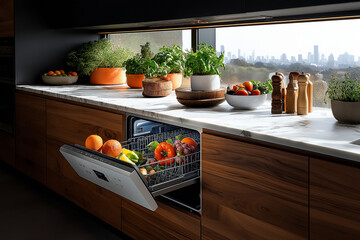 A Smart Kitchen with an Integrated Panel Dishwasher, Combining Technology and Design for the Ultimate Convenience