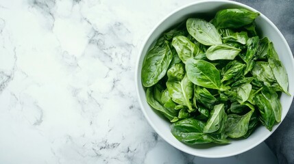 Obraz premium Fresh spinach leaves in a white bowl on a marble surface. Healthy eating.